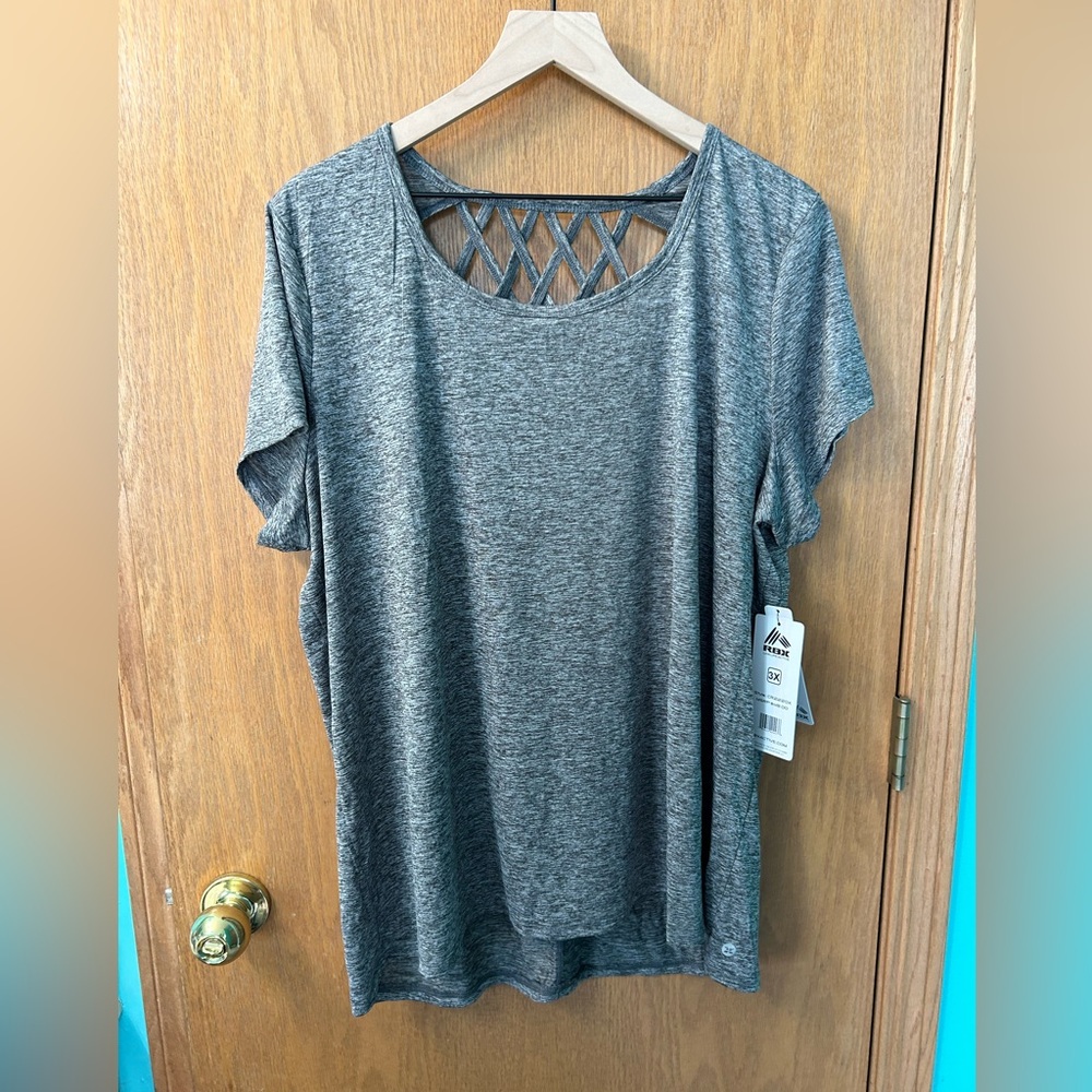 NWT RBX top 3X activewear t-shirt grey back lattice design plus size workout tee